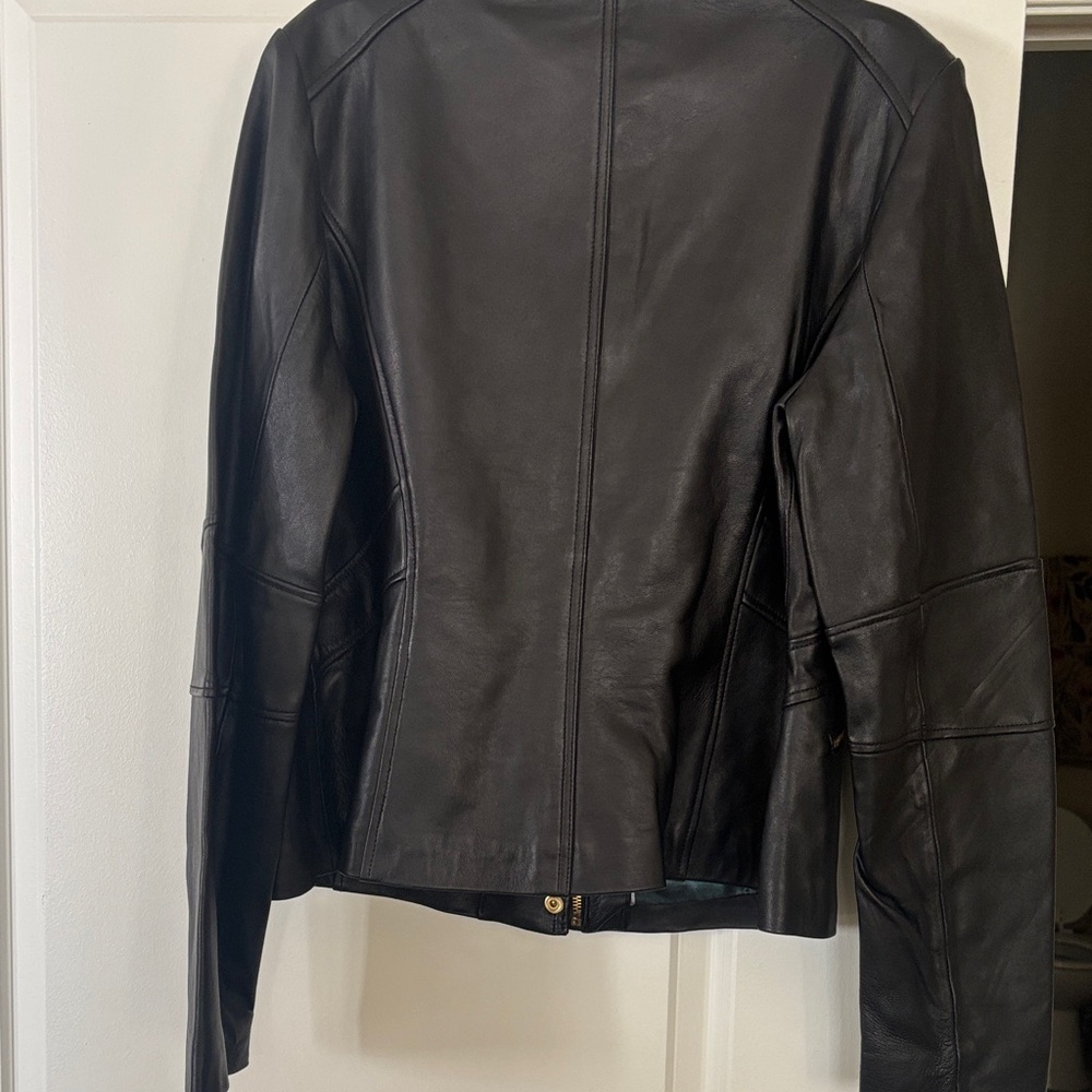 Elie Tahari Black Leather Jacket with Yellow Accents - Picture 2 of 6